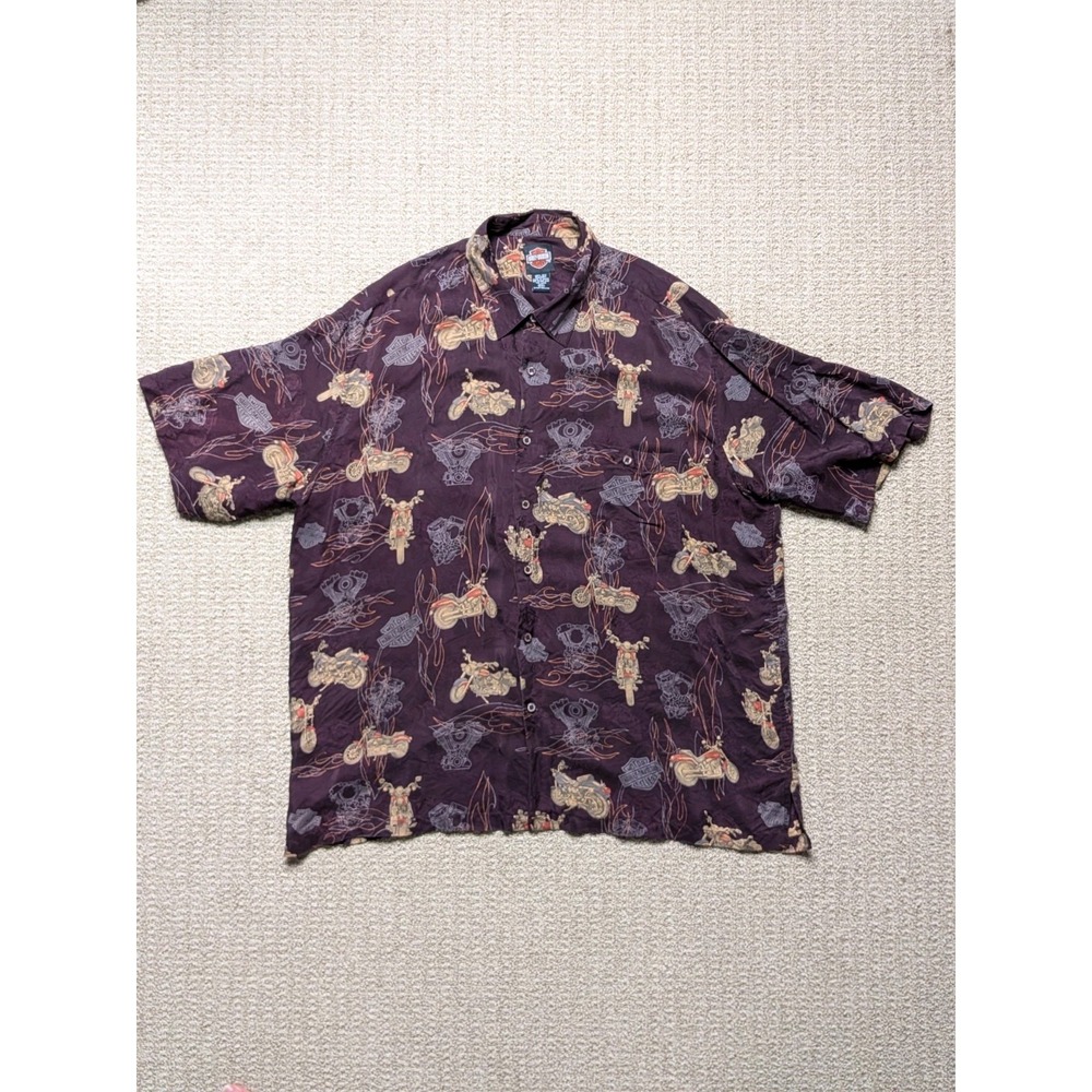 Harley-Davidson Tori‎ Richard Mens XXL Silk Camp Shirt Purple Motorcycle Flames
